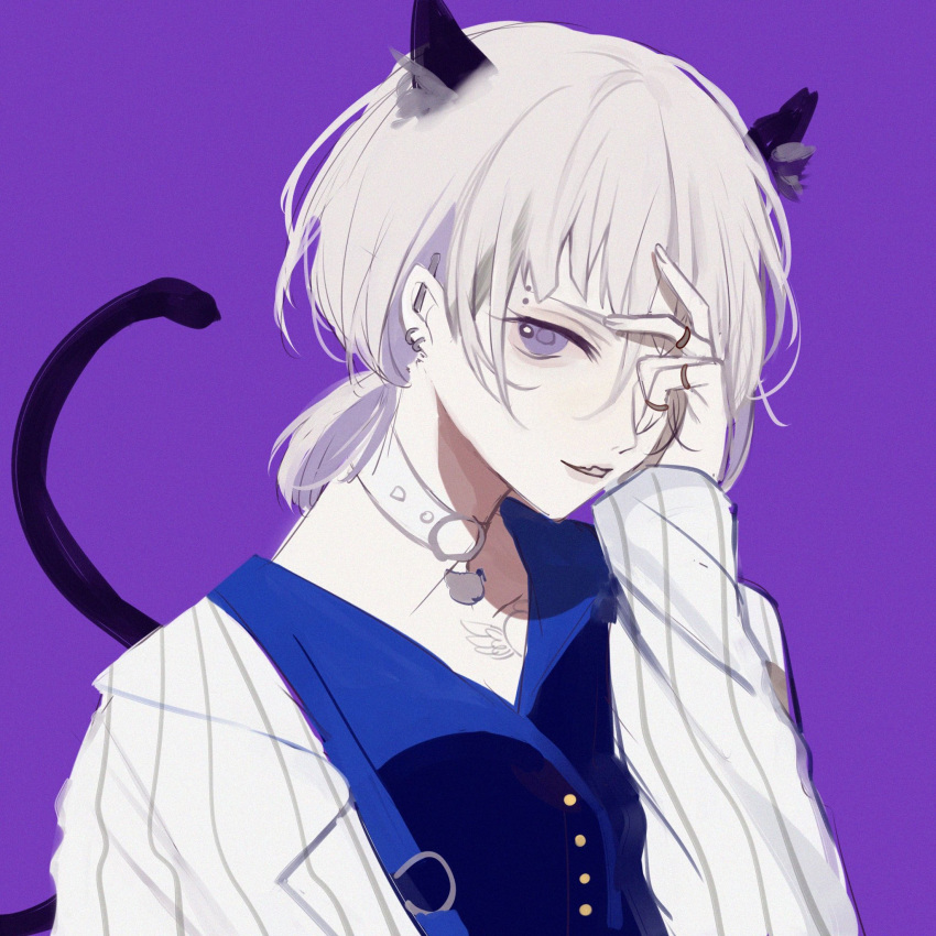 1boy animal_ears blue_shirt cat_boy cat_ears cat_tail collar ear_piercing fake_animal_ears fake_tail head_rest highres jacket jewelry long_sleeves looking_at_viewer male_focus murasaki_(mrsk_1111) natsume_ryu paradox_live piercing ponytail purple_background purple_eyes ring shirt short_ponytail sketch solo striped striped_jacket tail white_hair white_jacket