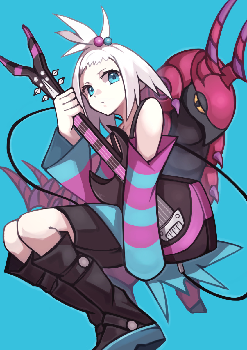 1girl absurdres bass_guitar black_footwear blue_background blue_eyes boots cable closed_mouth commentary dress eyelashes hair_bobbles hair_ornament highres holding holding_instrument instrument looking_at_viewer nana_kamiii platform_boots pokemon pokemon_(creature) pokemon_(game) pokemon_bw2 roxie_(pokemon) scolipede simple_background spiked_hair striped striped_dress topknot two-tone_dress white_hair