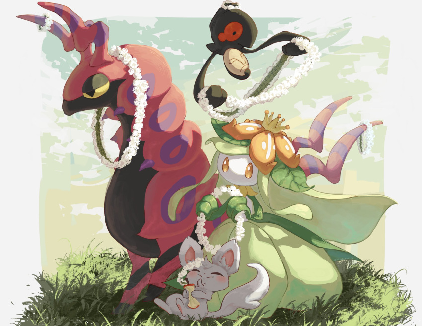 :&gt; apple apple_core blush closed_eyes closed_mouth flower_wreath food from_side fruit grass highres holding lilligant minccino nashimochi_4 no_humans orange_eyes pokemon pokemon_(creature) scolipede smile split_mouth wreath yamask