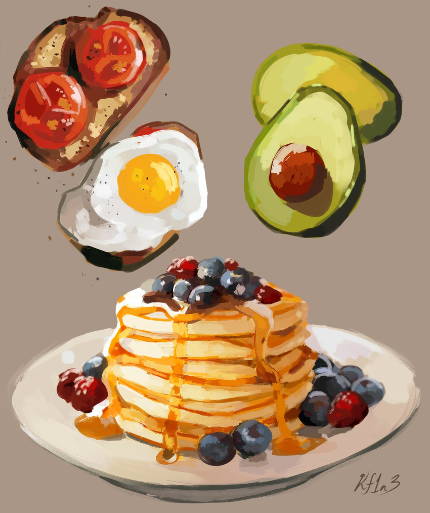 artist_name avocado blueberry bread brown_background commentary egg english_commentary food food_focus fruit highres honey kay_(kf1n3) no_humans original pancake pepper plate raspberry signature simple_background sketch still_life toast tomato