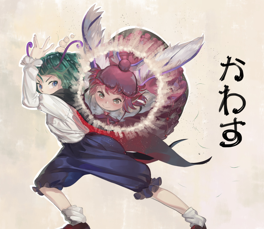 2girls androgynous animal_ears antennae arm_up attack bird_ears bird_wings blue_eyes blue_shorts cape closed_mouth dodging dress green_hair hat head_bump highres long_sleeves looking_at_another medium_hair multiple_girls mystia_lorelei red_hair riki6 shirt shorts tomboy touhou v-shaped_eyebrows white_shirt winged_hat wings wriggle_nightbug yellow_eyes