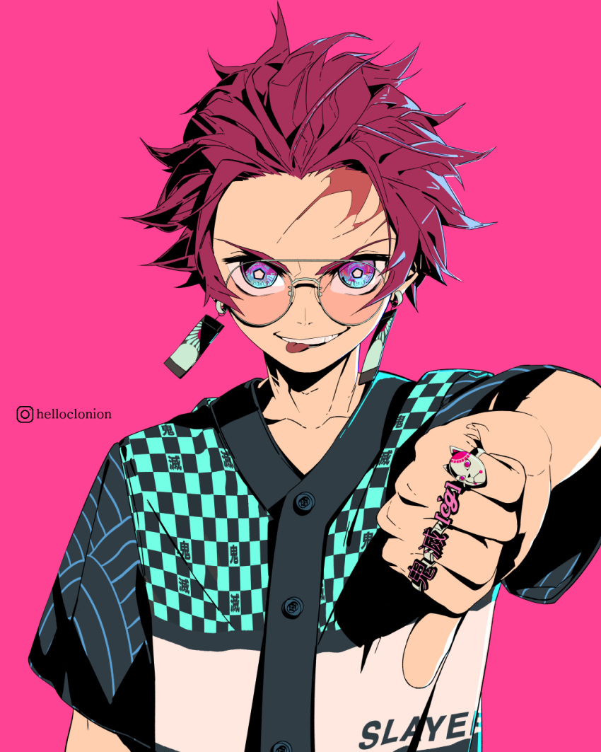 1boy aviator_sunglasses biting_tongue blue_eyes clonion earrings glasses hanafuda highres instagram_logo instagram_username jewelry kamado_tanjirou kimetsu_no_yaiba looking_at_viewer male_focus pink_background ring scar scar_on_face scar_on_forehead simple_background solo sunglasses tassel tassel_earrings thumbs_down tongue tongue_out