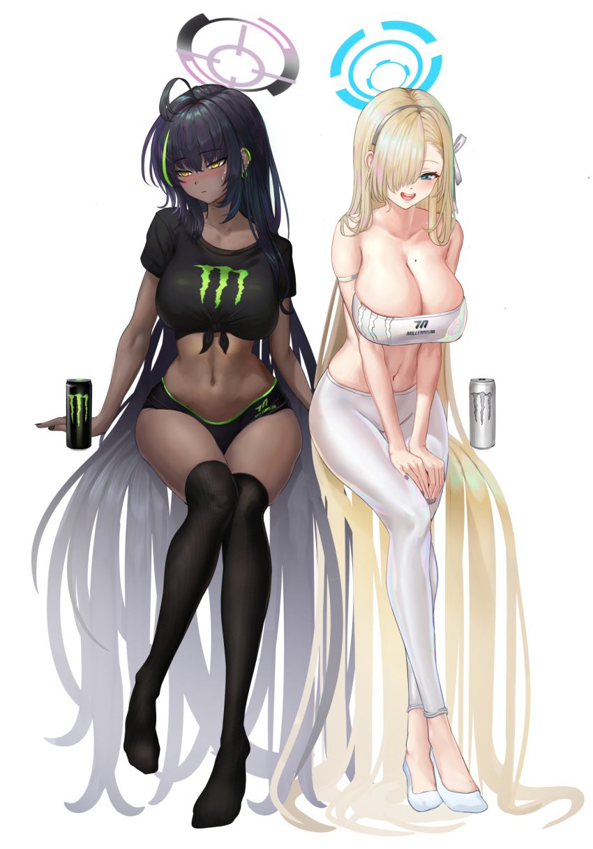 2girls :d absurdly_long_hair ahoge asuna_(blue_archive) b-pang bandeau bangs bare_shoulders black_hair black_legwear black_nails black_shirt blonde_hair blue_archive blue_eyes blush breasts can cleavage closed_mouth crop_top dark-skinned_female dark_skin ear_piercing energy_drink eyebrows_visible_through_hair full_body green_hair grey_hairband grey_nails hair_over_one_eye hairband halo highres invisible_chair karin_(blue_archive) large_breasts long_hair looking_at_viewer looking_away midriff mole mole_on_breast monster_energy multicolored_hair multiple_girls nail_polish navel no_shoes pants piercing print_shirt revision shirt shoes short_sleeves sitting smile strapless streaked_hair sweat thighhighs tube_top very_long_hair white_footwear white_pants yellow_eyes