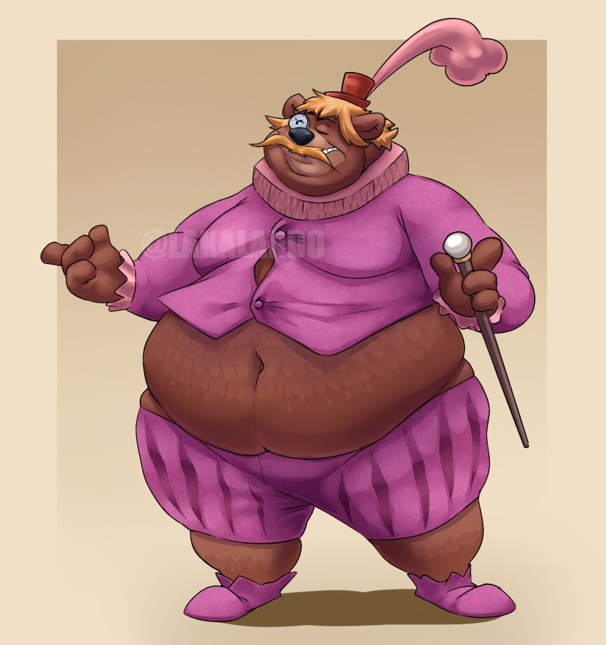 2022 anthro belly big_belly black_nose brown_body clothed clothing disney distracting_watermark duke_of_chutney eyes_closed hat headgear headwear hi_res humanoid_hands lakalando little_john male mammal navel obese obese_male overweight overweight_male robin_hood_(disney) simple_background solo ursid watermark