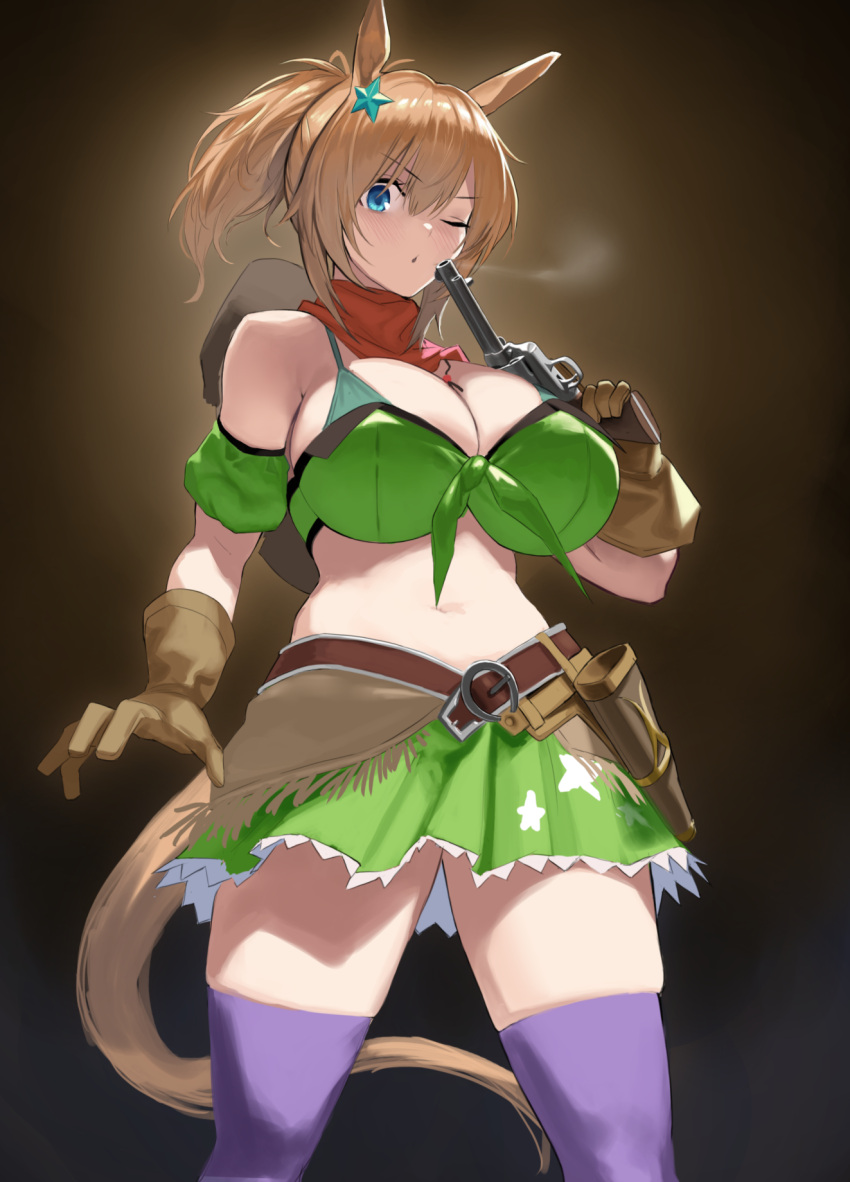 1girl animal_ears bangs bare_shoulders belt blue_eyes breasts brown_belt brown_gloves brown_hair brown_headwear cleavage colt_single_action_army crop_top curvy eyebrows_visible_through_hair front-tie_top gen_(black_factory) gloves green_skirt gun hair_ornament handgun high_ponytail highres holding holding_gun holding_weapon holster horse_ears large_breasts navel one_eye_closed open_mouth pistol purple_legwear revolver shirt skirt solo star_(symbol) star_hair_ornament taiki_shuttle_(umamusume) thighhighs tied_shirt umamusume weapon