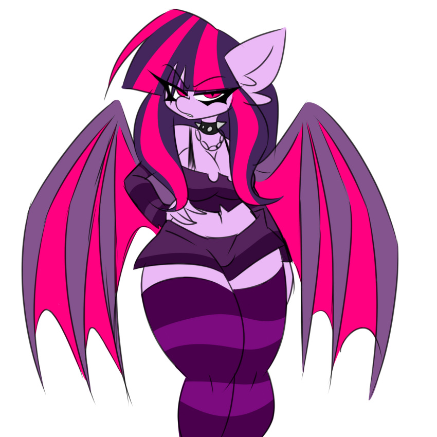 anthro bat_pony bat_wings clothing collar equid eyelashes eyeshadow fan_character female goth hair half-closed_eyes hasbro hi_res inner_ear_fluff kissy_missy_(oc) ladylullabystar legwear makeup mammal membrane_(anatomy) membranous_wings multicolored_hair my_little_pony narrowed_eyes navel purple_body spiked_collar spikes stockings thick_thighs tuft two_tone_hair wide_hips wings