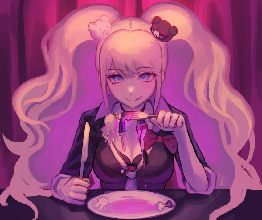 1girl bangs bear_hair_ornament black_bra black_choker black_shirt blood bow bra breasts bunny_hair_ornament choker cleavage closed_mouth cosplay danganronpa:_trigger_happy_havoc danganronpa_(series) enoshima_junko enoshima_junko_(cosplay) eyebrows_visible_through_hair fork hair_ornament highres holding holding_fork holding_knife ikusaba_mukuro impaled knife large_breasts long_hair multicolored_hair pink_eyes pink_hair plate red_bow shiny shiny_hair shirt smile tongue tongue_out two-tone_hair umeumeumestar underwear