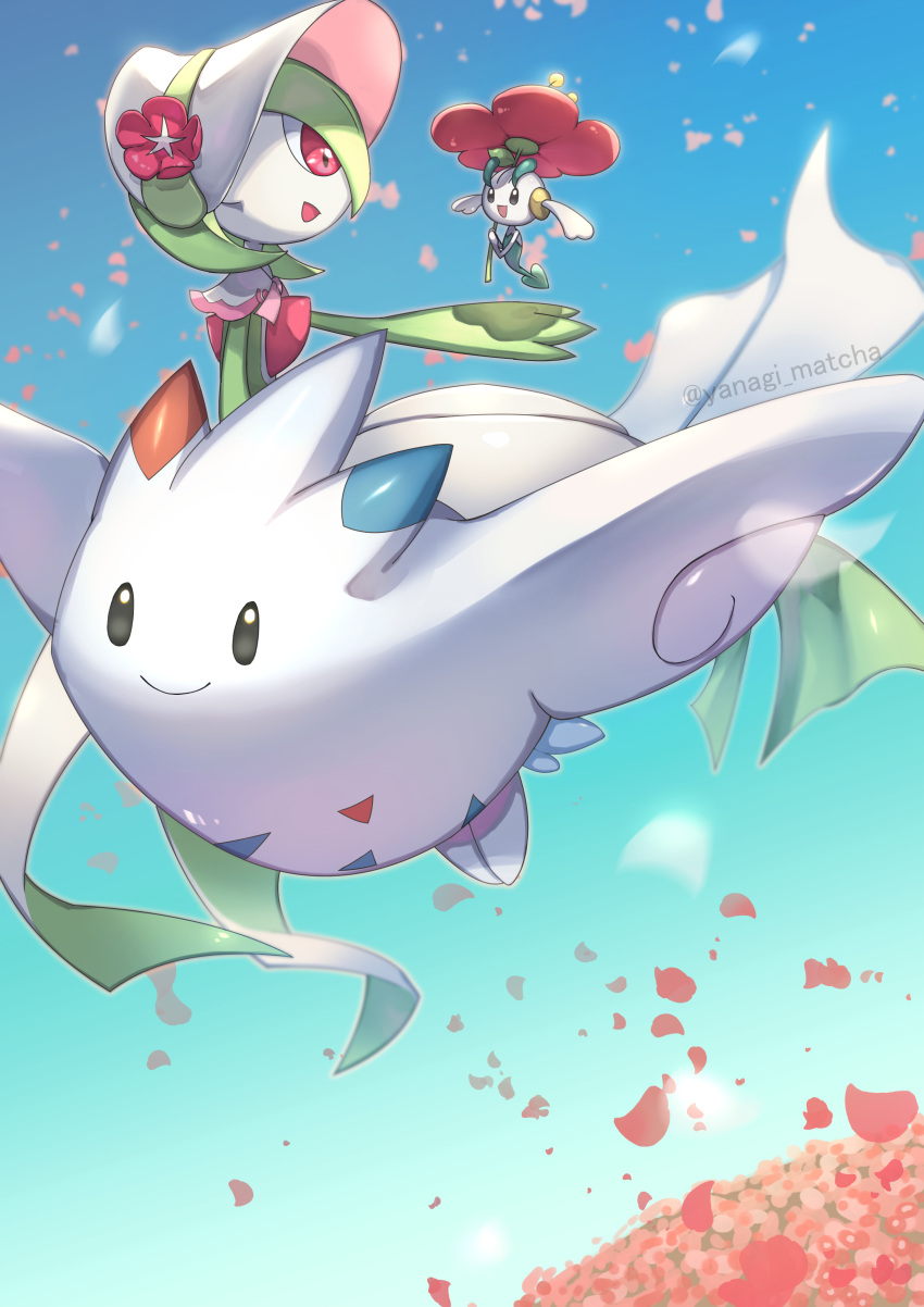 absurdres bonnet capelet closed_mouth commentary_request day falling_petals floette floette_(red) flower gardevoir green_hair happy highres open_mouth outdoors petals pokemon pokemon_(creature) pokemon_(game) pokemon_unite red_flower riding riding_pokemon sky smile togekiss twitter_username watermark white_headwear yanagimachi