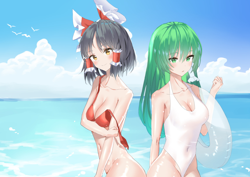 2girls absurdres bangs bare_shoulders black_hair blue_sky bow breasts casual_one-piece_swimsuit cleavage cloud collarbone cowboy_shot day eyebrows_visible_through_hair green_eyes green_hair hair_bow hair_ornament hair_tubes hakurei_reimu highres kochiya_sanae large_breasts light_smile long_hair looking_at_viewer medium_breasts multiple_girls nekokatana_catana one-piece_swimsuit outdoors red_bow sidelocks sky snake_hair_ornament strap_slip swimsuit touhou water white_swimsuit