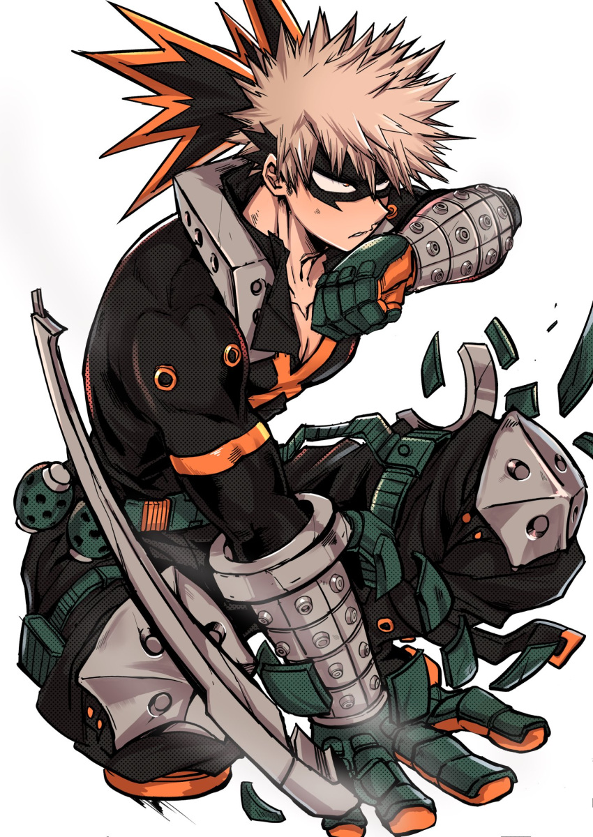 1boy bakugou_katsuki black_pants blonde_hair boku_no_hero_academia chiyaya explosive foreshortening gloves green_gloves grenade highres knee_pads male_focus orange_eyes pants simple_background solo spiked_hair squatting two-tone_gloves white_background