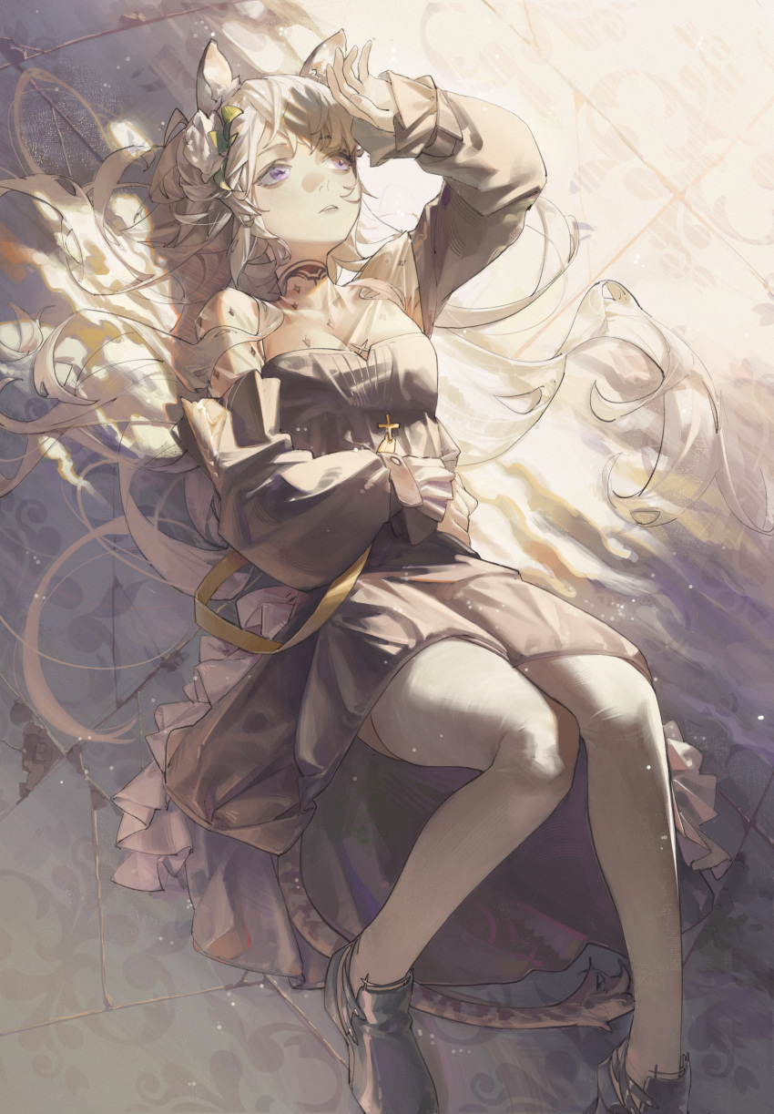 1girl absurdres animal_ears arknights bangs black_footwear brown_dress commentary cross dress flower full_body hair_flower hair_ornament heavyrain_(arknights) highres light_particles long_hair long_sleeves lying on_back on_floor parted_lips purple_eyes shading_eyes solo thighhighs white_flower white_hair white_legwear wushier zebra_ears