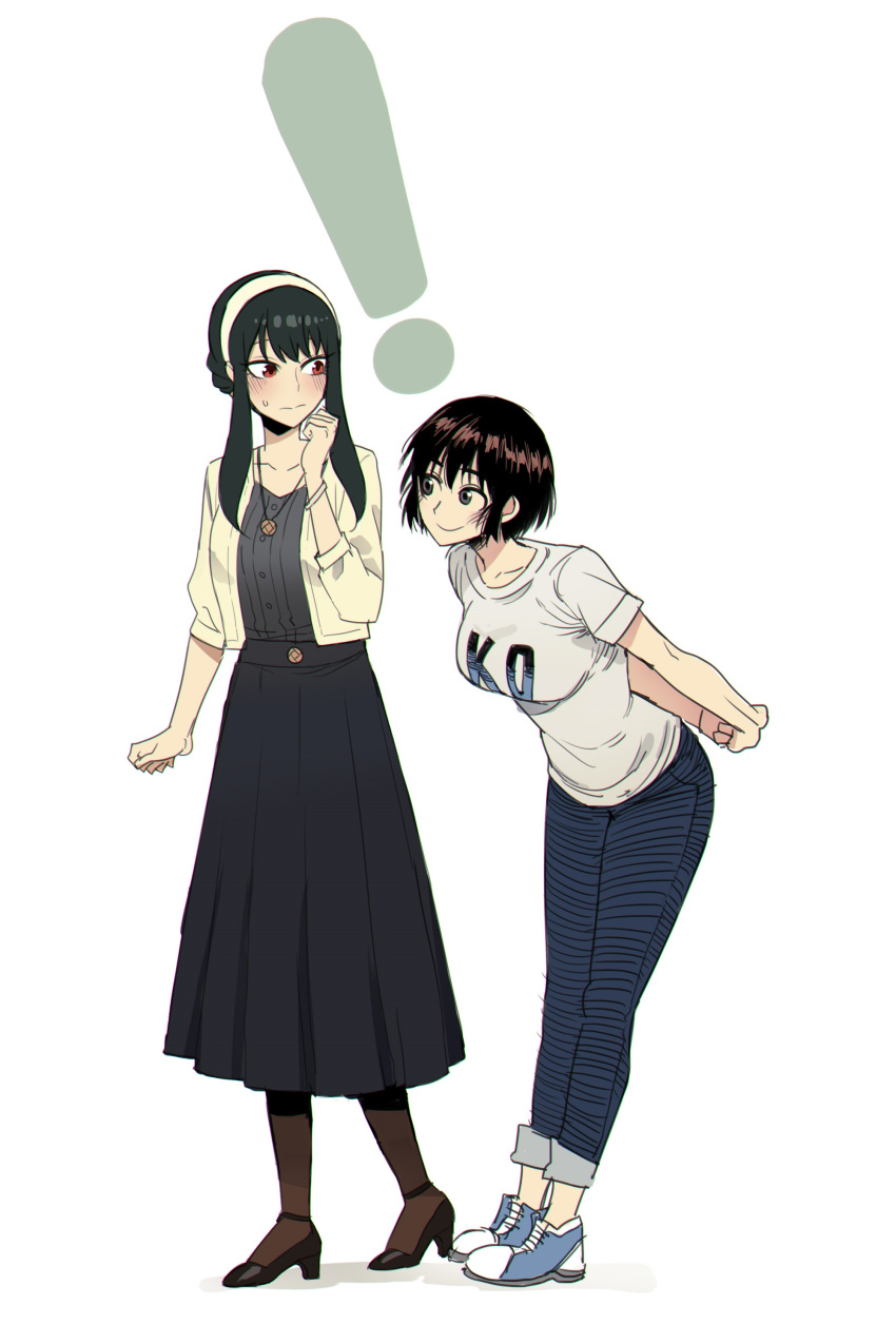 ! 2girls absurdres arm_at_side arms_behind_back ayase_fuuka bare_arms black_hair breasts brown_hair closed_mouth crossover full_body grey_eyes hairband hand_up high_heels highres jacket jewelry leaning_forward long_skirt looking_at_another multiple_girls open_clothes open_jacket outstretched_arms own_hands_together pants pantyhose pendant ratatatat74 red_eyes shirt shoes short_hair_with_long_locks short_sleeves sidelocks skirt smile spy_x_family standing t-shirt taut_clothes taut_shirt yor_briar yotsubato!