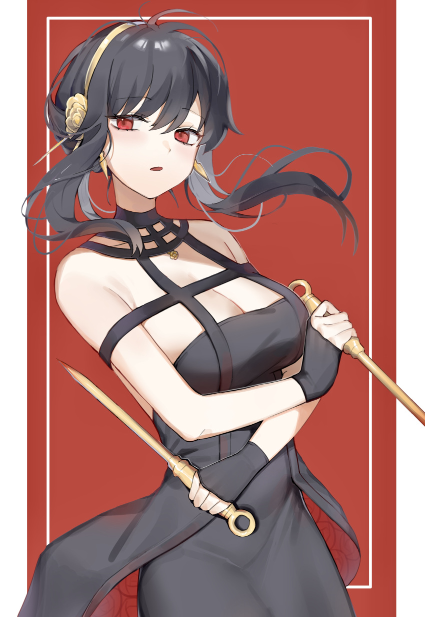 1girl absurdres bangs bare_shoulders black_dress black_hair blush breasts cleavage collarbone commentary cowboy_shot dress dual_wielding earrings eyebrows_visible_through_hair gaeguribanchan hairband highres holding holding_weapon jewelry korean_commentary large_breasts looking_at_viewer open_mouth outside_border pillarboxed red_background red_eyes short_hair_with_long_locks sidelocks simple_background sleeveless sleeveless_dress solo spy_x_family weapon yellow_hairband yor_briar