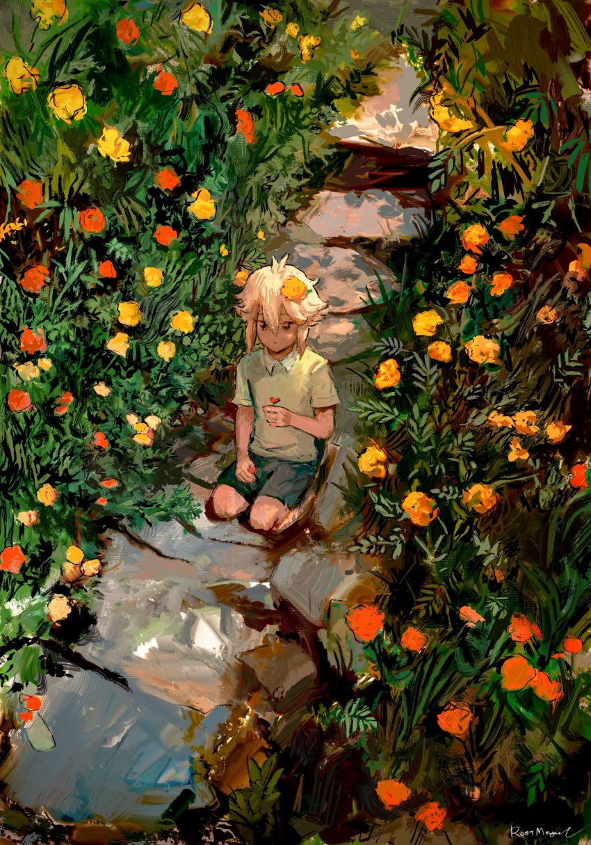 1boy absurdres bangs basil_(omori) black_eyes blonde_hair blue_shorts collared_shirt commentary english_commentary flower foliage green_shirt hair_flower hair_ornament highres holding holding_flower kneeling male_focus omori orange_flower path red_flower sapgoon scenery shirt short_hair shorts solo stone stone_walkway yellow_flower