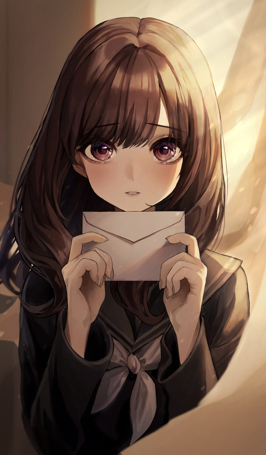 1girl absurdres bangs black_serafuku black_shirt blush brown_hair envelope eyebrows_visible_through_hair grey_neckerchief highres holding holding_envelope kudou_(sikisiki0000) light long_hair long_sleeves looking_at_viewer neckerchief original parted_lips profile purple_eyes school_uniform serafuku shirt solo upper_body