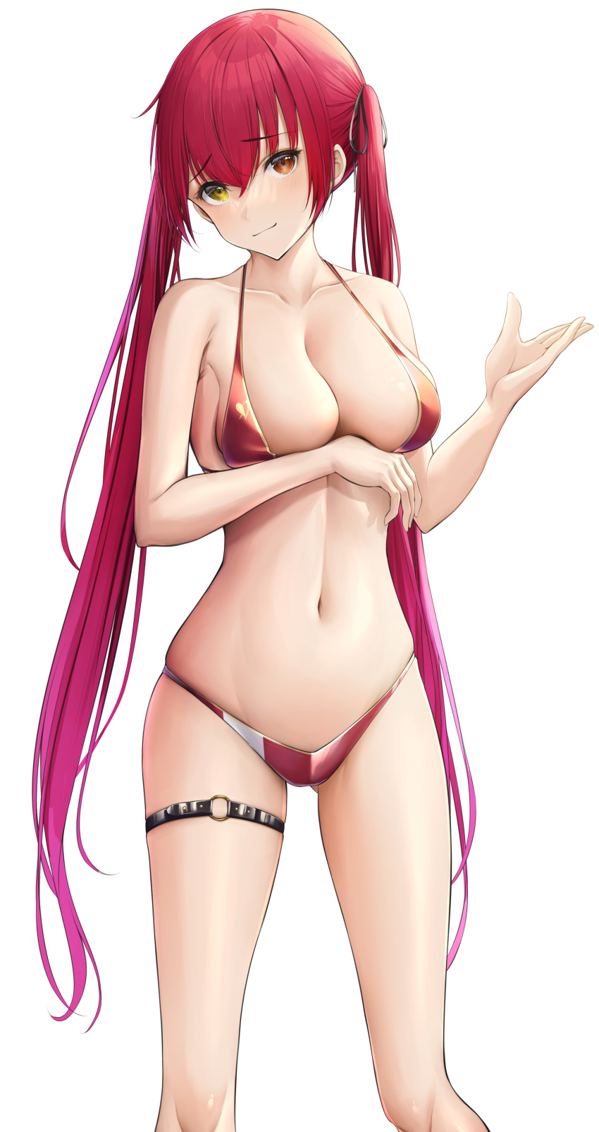 1girl absurdres arm_under_breasts bangs bikini black_ribbon border breasts closed_mouth collarbone eyebrows_visible_through_hair gold_trim hair_ribbon hand_up heterochromia highres hololive houshou_marine laimer large_breasts long_hair navel red_bikini red_eyes red_hair ribbon simple_background skindentation sky solo stomach swimsuit thigh_strap twintails very_long_hair virtual_youtuber white_background yellow_eyes
