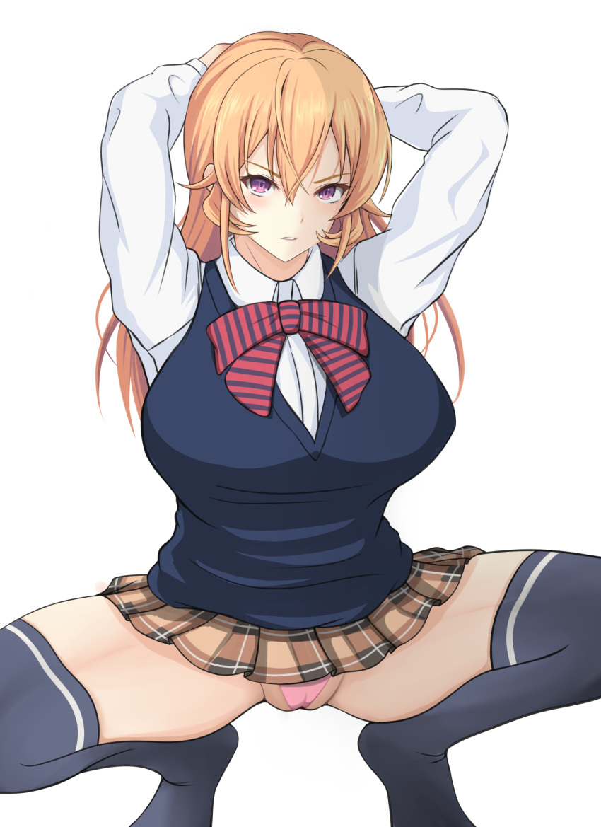 1girl arms_up bajitohfu bangs beads black_legwear black_vest blonde_hair blush bow bowtie breasts brown_skirt commentary_request eyebrows_visible_through_hair grey_background highres large_breasts long_hair long_sleeves miniskirt nakiri_erina no_shoes panties pink_eyes pink_panties pleated_skirt red_bow red_bowtie school_uniform shokugeki_no_souma simple_background skirt solo squatting striped striped_bow striped_bowtie thighhighs underwear vest