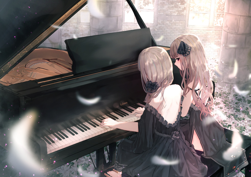 2girls absurdres back bangs bare_shoulders benevole blunt_bangs dress flower frilled_dress frills hair_ornament hair_ribbon highres instrument light_brown_hair long_hair multiple_girls music original piano playing_instrument playing_piano red_eyes ribbon side_slit sitting yuri