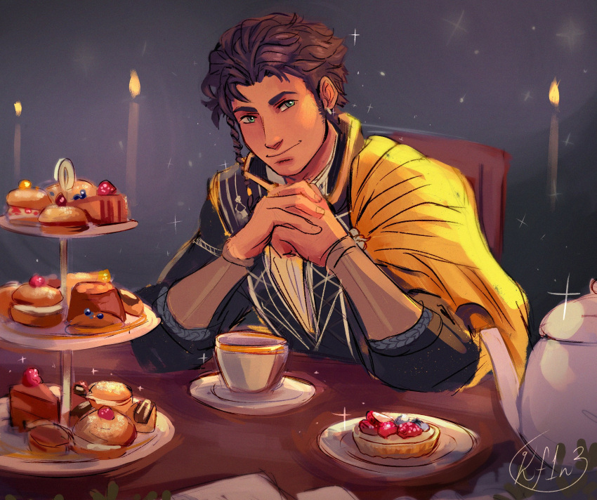 1boy artist_name black_shirt braid brown_hair cake cake_slice candle cape claude_von_riegan closed_mouth commentary cup cupcake dessert earrings english_commentary fire fire_emblem fire_emblem:_three_houses food fruit green_eyes hands_up happy highres jewelry kay_(kf1n3) long_sleeves looking_to_the_side macaron male_focus own_hands_together plate shirt short_hair signature sketch smile solo sparkle strawberry table teacup teapot tiered_tray upper_body yellow_cape