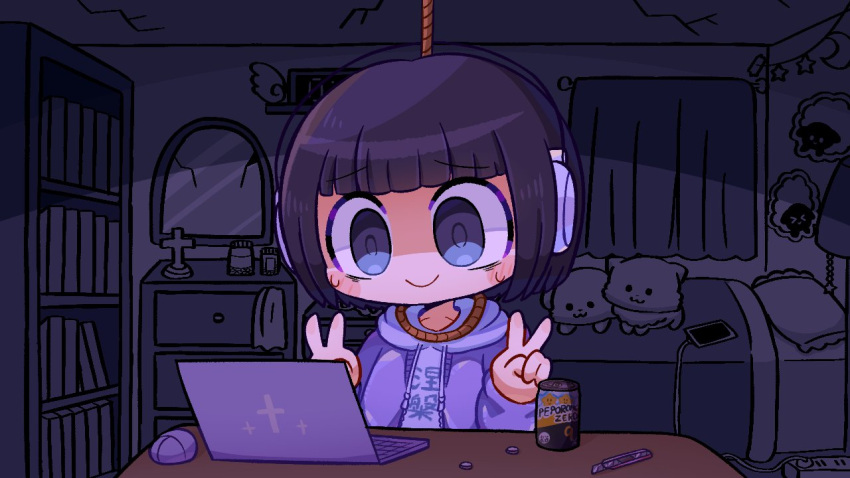 1girl bedroom bob_cut can closed_mouth computer desk double_v eyebrows_visible_through_hair headphones hood hooded_jacket indie_virtual_youtuber jacket kyuusai-chan laptop long_sleeves mouse_(computer) noose open_clothes open_jacket pepoyo purple_eyes purple_hair purple_jacket purple_shirt purple_theme shirt short_hair smile soda_can solo sweat v virtual_youtuber white_headwear