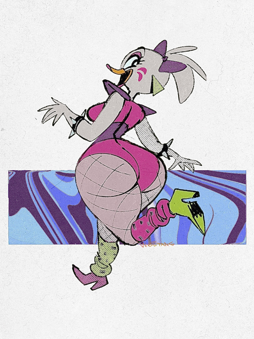 5_fingers anthro artist_name avian beak big_butt bird bracelet breasts butt chicken clothed clothing female fingers fishnet fishnet_legwear five_nights_at_freddy's five_nights_at_freddy's:_security_breach full-length_portrait galliform gallus_(genus) glamrock_chica_(fnaf) hi_res high_heels huge_butt jewelry leg_warmers legwear looking_back non-mammal_breasts open_beak open_mouth phasianid portrait scottgames solo spiked_bracelet spikes thick_thighs video_games white_body wolftang