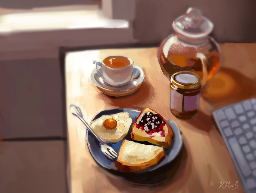 artist_name blurry blurry_background commentary cup egg english_commentary food food_focus fork indoors jam jar kay_(kf1n3) keyboard_(computer) original plate saucer signature sketch still_life tea teacup teapot toast