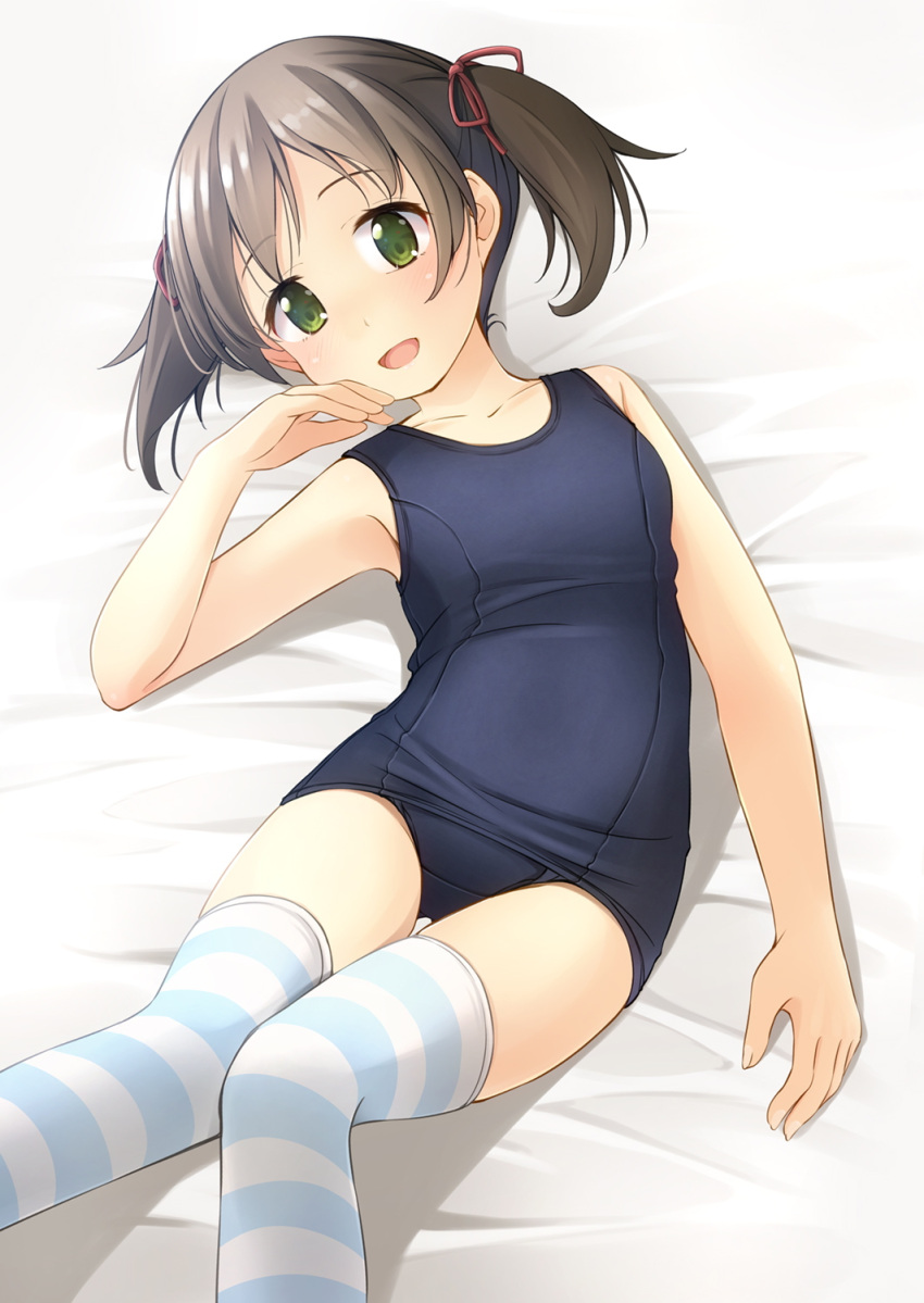 1girl :d bangs bare_arms bare_shoulders bed_sheet blue_swimsuit breasts brown_hair collarbone commentary_request eyebrows_visible_through_hair feet_out_of_frame green_eyes hand_up highres knees_together_feet_apart looking_at_viewer lying old_school_swimsuit on_back one-piece_swimsuit original school_swimsuit shibacha short_hair small_breasts smile solo striped striped_legwear swimsuit thighhighs twintails