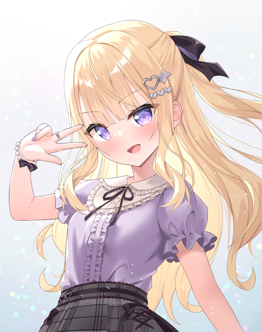 1girl :d bangs bettle_(b_s_a_n) black_ribbon black_skirt blonde_hair bracelet hair_ornament hair_ribbon hairclip heart heart_hair_ornament highres jewelry long_hair pearl_bracelet plaid plaid_skirt purple_eyes purple_nails re:act ribbon ring short_sleeves skirt smile solo tsukushi_aria upper_body virtual_youtuber