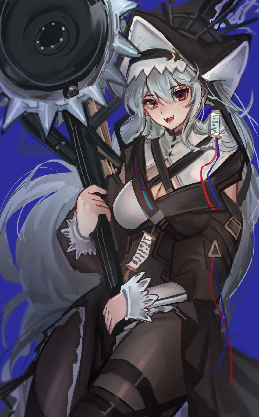 1girl :d arknights bangs black_dress black_headwear black_legwear blue_background breasts chainsaw cleavage cowboy_shot dress eyebrows_visible_through_hair fangs hair_between_eyes highres holding holding_weapon huge_weapon kaguura_(kagu) large_breasts long_hair long_sleeves looking_at_viewer open_mouth pantyhose pelvic_curtain red_eyes silver_hair simple_background smile solo specter_(arknights) specter_the_unchained_(arknights) very_long_hair weapon