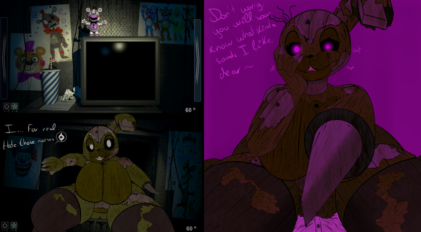 absurd_res angry animatronic anthro beverage big_breasts breasts buckteeth camera concept_art crossgender death desesperadoleon dirty duo english_text female five_nights_at_freddy's five_nights_at_freddy's_3 freddy_fazbear's_pizzeria_simulator genitals glass glistening glistening_eyes glowing glowing_eyes grey_eyes hi_res lagomorph leporid looking_at_viewer machine male male/female mammal mtf_crossgender musical_instrument plucked_string_instrument possession pussy rabbit red_eyes robot scar scottgames scraptrap_(fnaf) springtrap_(fnaf) string_instrument teeth text thick_thighs vent video_games