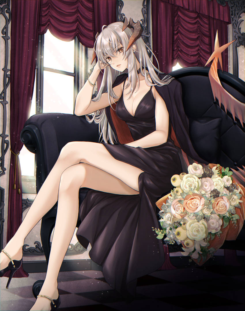 1girl absurdres arknights bangs bare_legs black_cape black_dress breasts brown_eyes cape checkered_floor chiwa_(chiwawanwan1206) cleavage commentary_request curtains dress flower high_heels highres horns indoors large_breasts long_hair looking_at_viewer parted_lips partial_commentary rose saria_(arknights) silver_hair sitting solo window