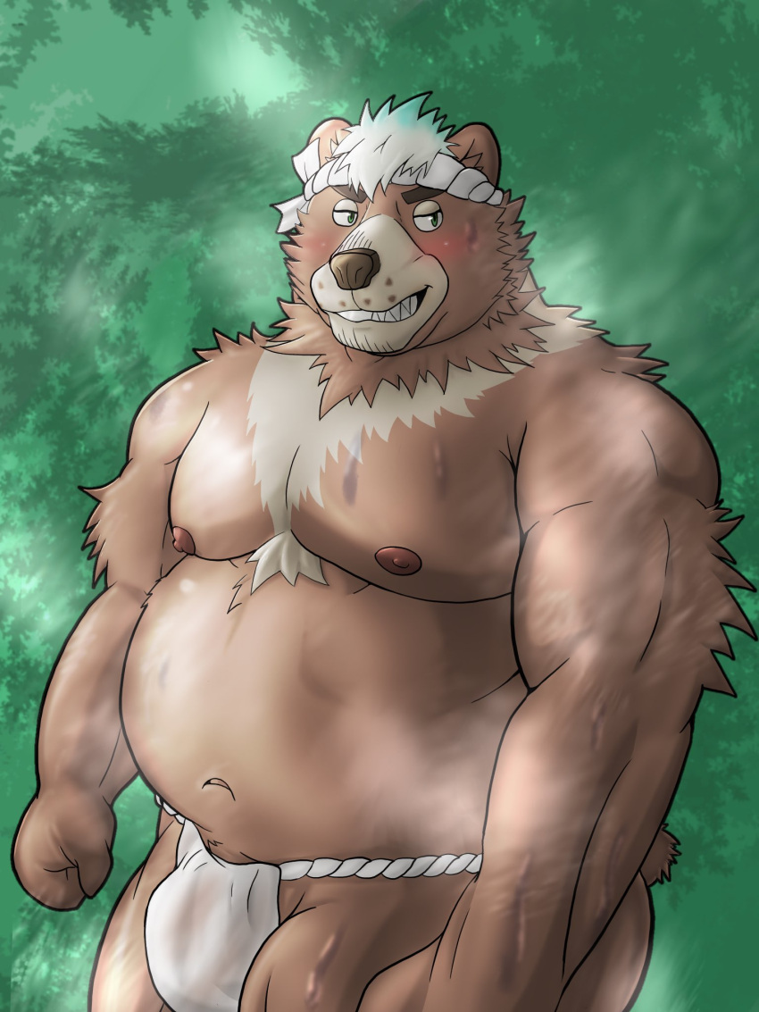 2022 anthro asian_clothing belly big_belly blush bodily_fluids brown_body bulge clothing east_asian_clothing fundoshi goro_(live-a-hero) hi_res humanoid_hands japanese_clothing kemono lifewonders live-a-hero male mammal moobs navel nipples overweight overweight_male solo sweat underwear ursid video_games white_clothing white_fundoshi white_underwear yom_mido_plus