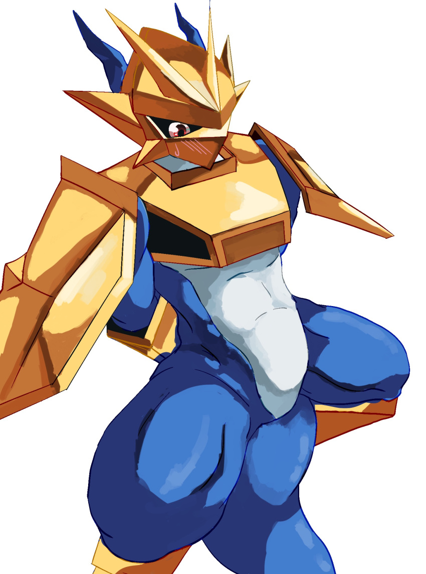 anthro armor bandai_namco blue_body blush bottomless byshz2000 clothed clothing digimon digimon_(species) gold_(metal) gold_armor hi_res magnamon male muscular red_eyes solo