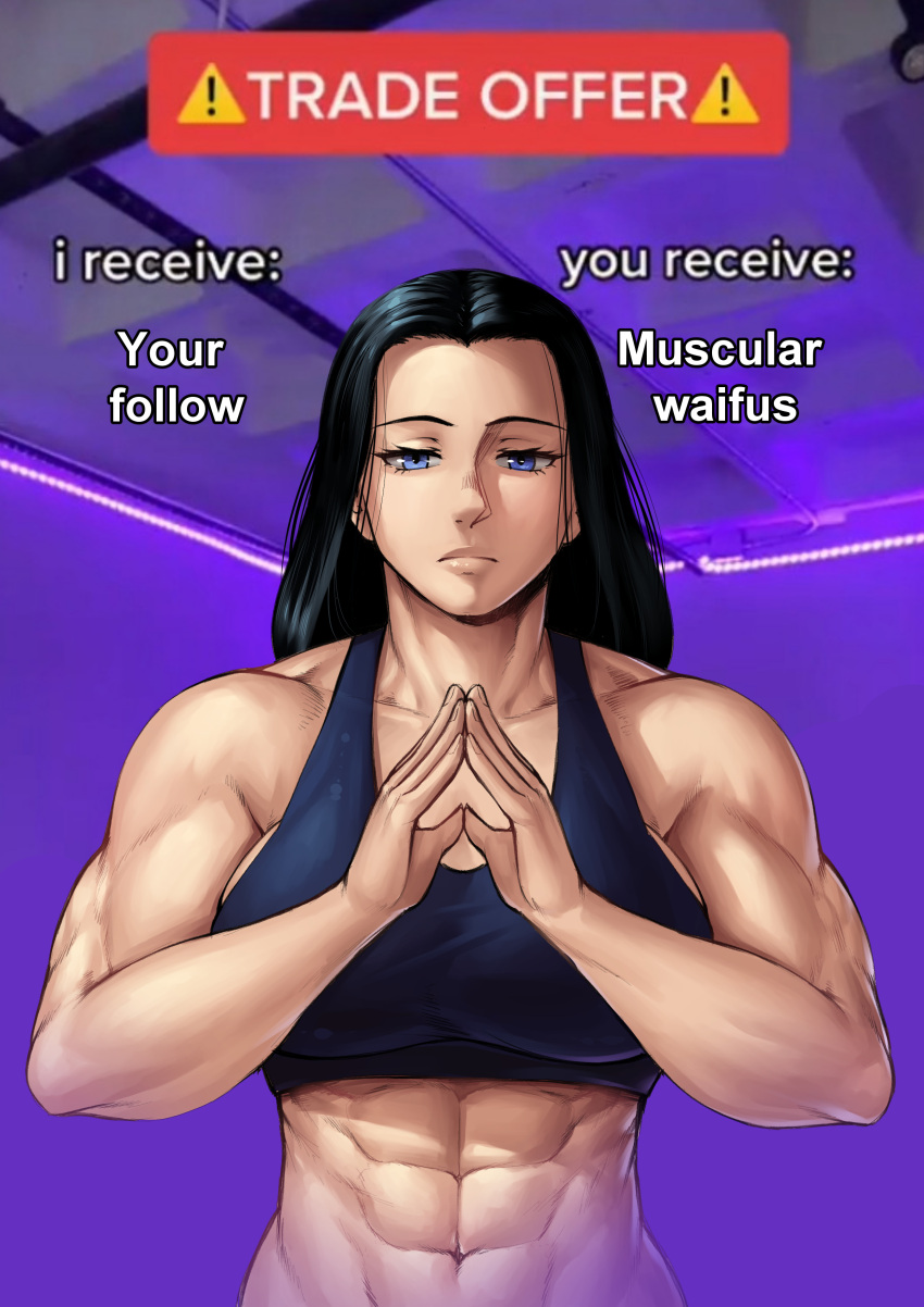 ! 1girl abs absurdres bare_shoulders biceps black_hair blue_eyes breasts collarbone english_text fingernails forehead gradient gradient_background highres long_hair looking_at_viewer meme muscular muscular_female own_hands_together purple_background sideboob sign sky solo speedl00ver sports_bra steepled_fingers tank_top toned trade_offer_(meme) warning_sign