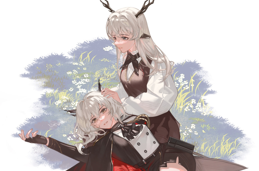 aiguillette alina_(arknights) animal_ears arknights ascot belt black_ascot black_cape black_dress black_gloves black_shorts blue_eyes brown_eyes cape chinese_commentary commentary_request deer_antlers deer_ears deer_girl dragon_horns dress fingerless_gloves gloves highres horns long_hair long_sleeves looking_to_the_side lying military military_uniform mixed-language_commentary on_back on_grass on_ground outstretched_arm parted_lips puffy_long_sleeves puffy_sleeves russian_commentary senmu_tea shirt shorts silver_hair simple_background sitting smile talulah_(arknights) talulah_the_fighter_(arknights) uniform white_background white_shirt