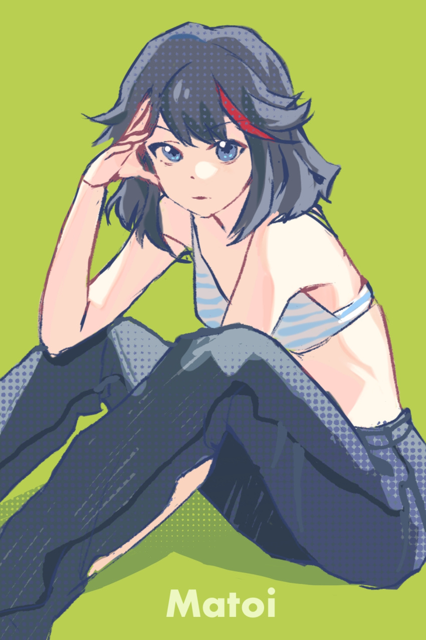 1girl bangs bare_shoulders beishang_zha_yu between_legs black_hair black_pants blue_bra blue_eyes bob_cut bra breasts chinese_commentary elbow_rest feet_out_of_frame green_background halftone halftone_texture hand_between_legs hand_on_own_head highres kill_la_kill knees_up looking_at_viewer matoi_ryuuko midriff multicolored_hair no_shirt on_ground pants red_hair shadow short_hair simple_background sitting small_breasts solo streaked_hair striped striped_bra two-tone_bra underwear white_bra