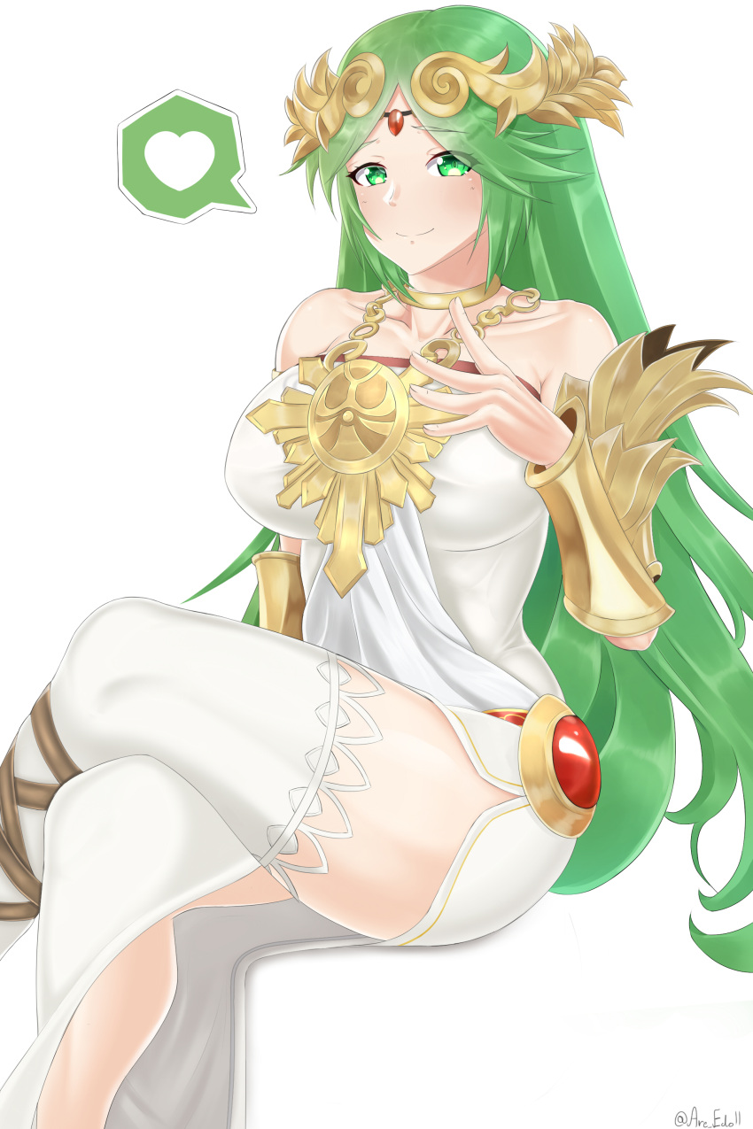 absurdres arcedo armlet bangs blush breasts crossed_legs dress forehead_jewel goddess gold green_eyes green_hair highres jewelry kid_icarus kid_icarus_uprising large_breasts laurel_crown long_dress long_hair neck_ring palutena panties parted_bangs pendant shorts side_slit single_thighhigh sitting strapless strapless_dress thighhighs underwear vambraces very_long_hair white_dress white_legwear