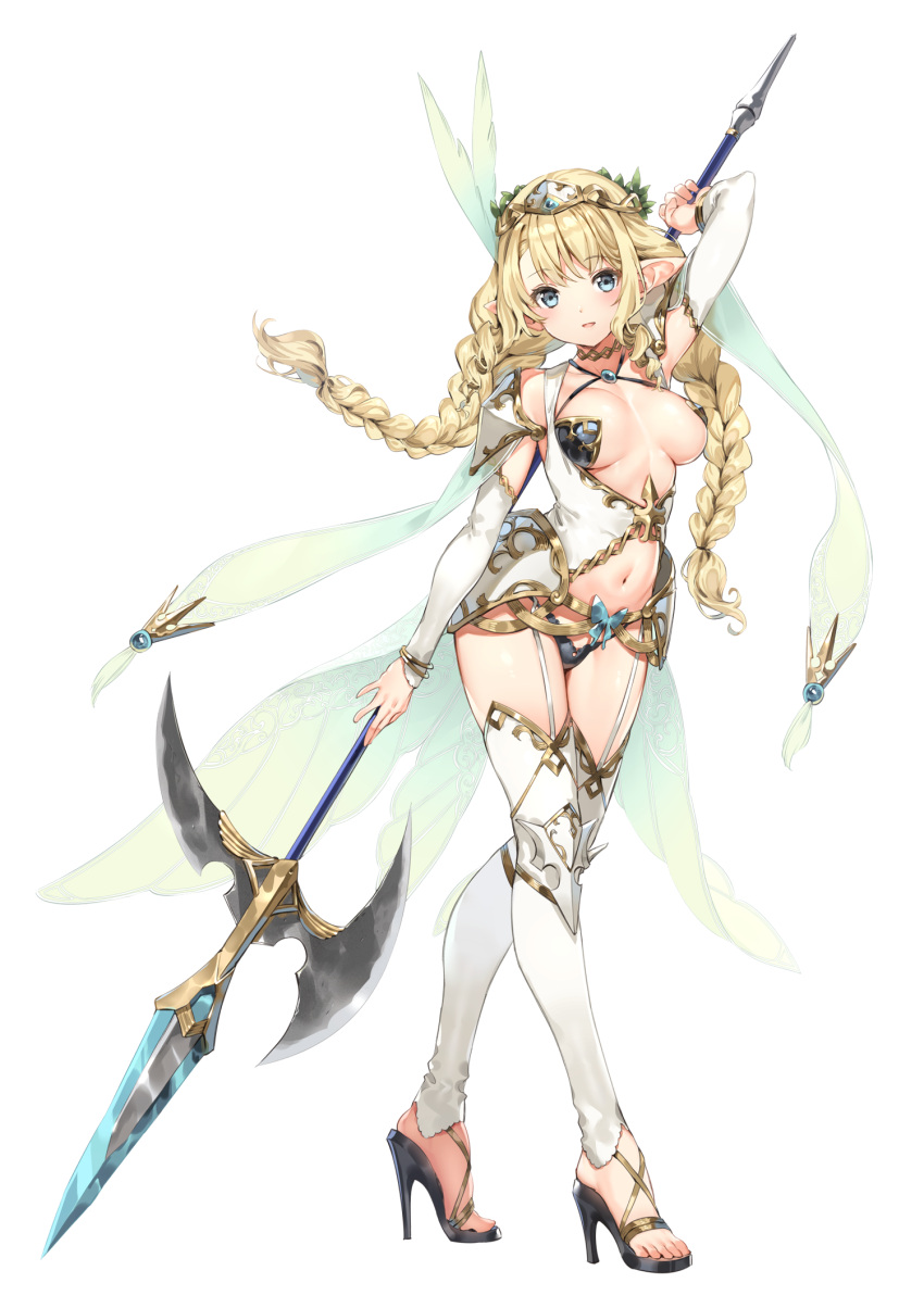 1girl arm_at_side arm_up armor bangs banned_artist bikini_armor black_panties blonde_hair blue_eyes braid breasts character_request clothing_cutout elf elf_village eyebrows_visible_through_hair garter_straps high_heels highres holding holding_weapon long_hair looking_at_viewer medium_breasts navel official_art open_mouth panties parsley-f pauldrons pointy_ears revealing_clothes shoulder_armor simple_background solo standing thighhighs tiara toeless_footwear transparent_background twin_braids underwear weapon white_legwear