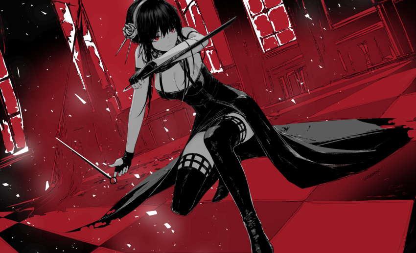 1girl bare_arms bare_shoulders black_dress black_gloves black_hair black_legwear boots breasts broken_glass broken_window checkered_floor cleavage closed_mouth curtains dagger dress dual_wielding earrings erotipop fingerless_gloves glass glass_shards gloves hair_bun hair_ornament hairband highres holding holding_dagger holding_weapon jewelry knife large_breasts looking_ahead monochrome one_knee red_eyes red_theme rose_hair_ornament short_hair short_hair_with_long_locks sidelocks sleeveless sleeveless_dress solo spot_color spy_x_family thigh_boots thighhighs torn_clothes torn_curtains weapon window yor_briar
