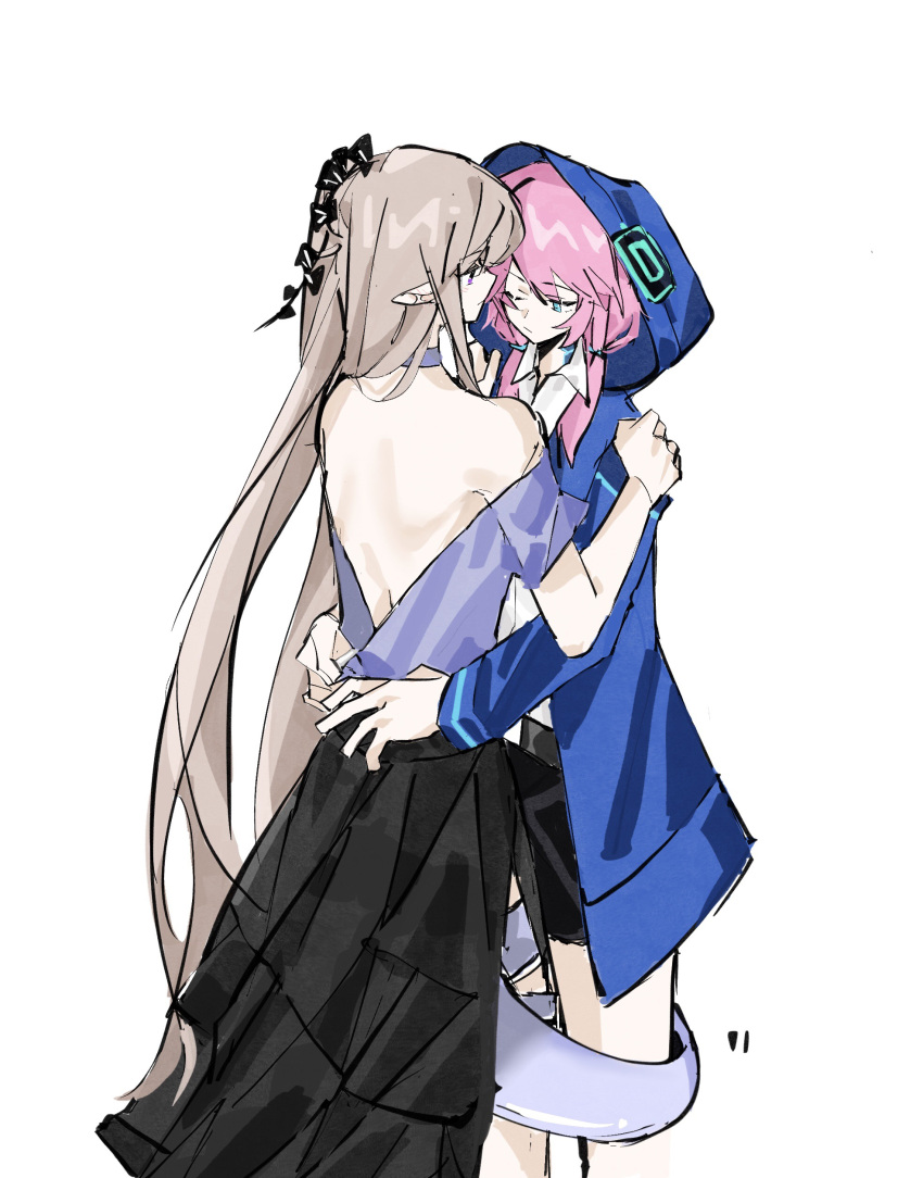 2girls absurdres arknights backless_dress backless_outfit bare_shoulders blue_eyes blue_poison_(arknights) blush brown_hair chanzuihou744 closed_mouth dress elite_ii_(arknights) hair_ornament halterneck hands_on_another's_shoulders highres hood hood_up hooded_jacket indigo_(arknights) jacket long_hair long_sleeves low_twintails multiple_girls off_shoulder one_eye_closed pink_hair pointy_ears purple_eyes shorts simple_background tail tail_hug twintails very_long_hair white_background yuri