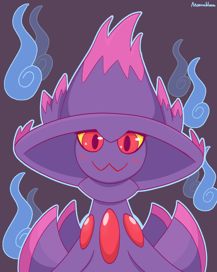 ambiguous_gender blue_fire blush clothing colored_fire digital_media_(artwork) fire ghost hat headgear headwear hi_res humanoid looking_at_viewer mismagius moonabloom nintendo not_furry pink_body pok&eacute;mon pok&eacute;mon_(species) purple_body red_eyes simple_background smile solo spirit video_games witch_hat yellow_eyes