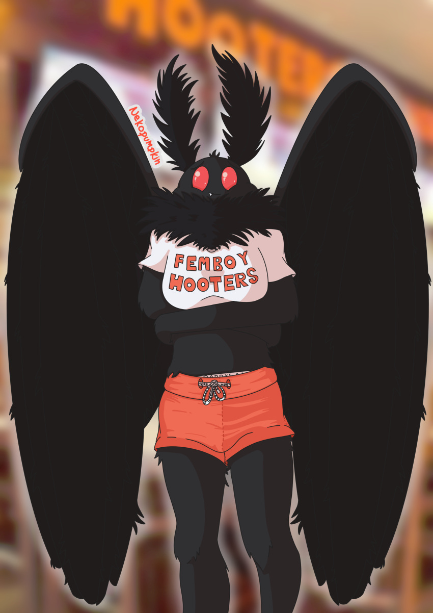 absurd_res antennae_(anatomy) anthro arthropod black_body black_fur bottomwear bulge clothing crop_top crossed_arms cryptid drawstring_bottomwear fangs femboy_hooters fur hi_res hooters hooters_uniform insect lepidopteran looking_at_viewer male monster moth mothman nekopumpkin red_eyes shaded shirt shorts simple_shading smile solo topwear wings