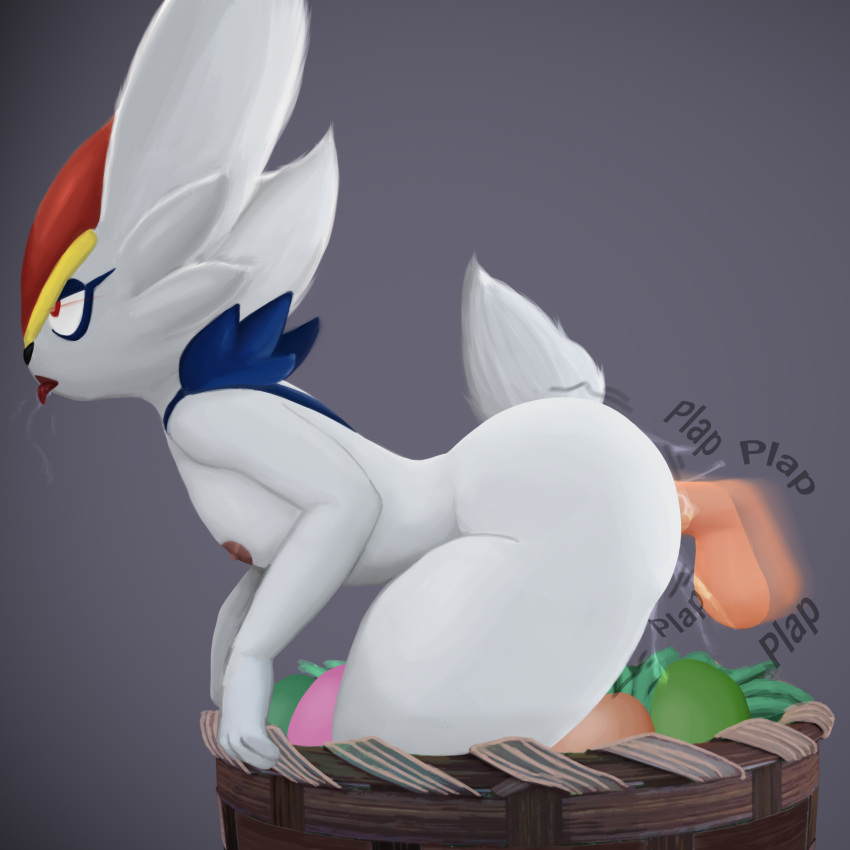absurd_res anthro basket bent_over big_butt bodily_fluids butt cinderace coffeewithdicks container disembodied_penis duo easter easter_egg genital_fluids genitals hi_res holidays humanoid male nintendo penetration penis pok&eacute;mon pok&eacute;mon_(species) red_eyes saliva saliva_string sex thick_thighs tongue tongue_out video_games white_body wide_hips