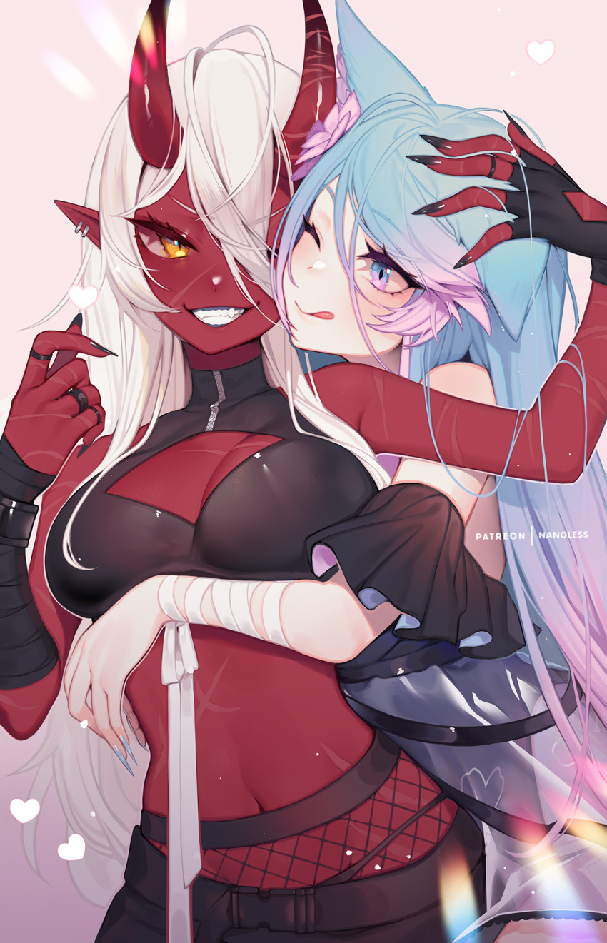 2girls ;q akumi_(yoclesh) animal_ears black_nails blue_eyes blue_hair blue_nails breasts cleavage clenched_teeth colored_skin commentary ear_piercing english_commentary eyebrows_visible_through_hair fangs fingernails hair_between_eyes highres horns hug hug_from_behind long_hair medium_breasts multiple_girls nail_polish nanoless navel one_eye_closed oni_horns patreon_username piercing pointy_ears red_horns red_skin scar scar_on_face scar_on_stomach silvervale smile teeth tongue tongue_out virtual_youtuber vshojo vyugen white_hair