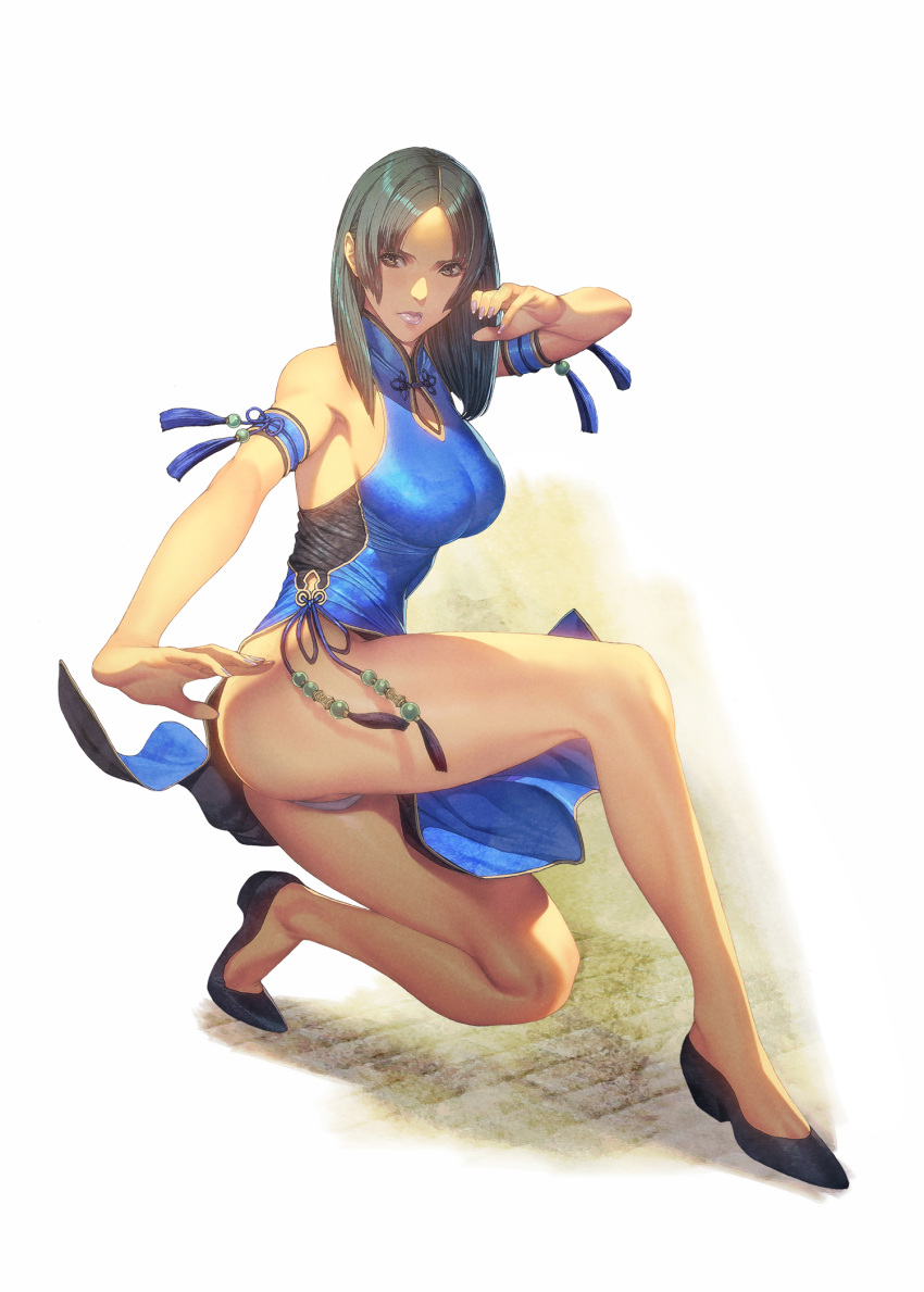 1girl armband bangs bare_shoulders black_footwear black_hair blue_dress breasts brown_eyes china_dress chinese_clothes closed_mouth dress fighting_stance fingernails full_body highres homare_(fool's_art) lips long_hair medium_breasts nail_polish original panties parted_bangs pelvic_curtain scan shiny shiny_hair shiny_skin shoes simple_background sleeveless sleeveless_dress solo thighs underwear