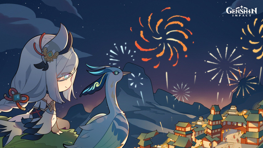 2girls bird black_bodysuit blue_eyes bodysuit braid bridal_gauntlets chibi chinese_clothes cloud_retainer_(genshin_impact) crane_(animal) detached_sleeves eyebrows_visible_through_hair fireworks genshin_impact grey_hair hair_ornament highres long_hair multiple_girls night night_sky official_art outdoors shenhe_(genshin_impact) single_braid sitting sky smile