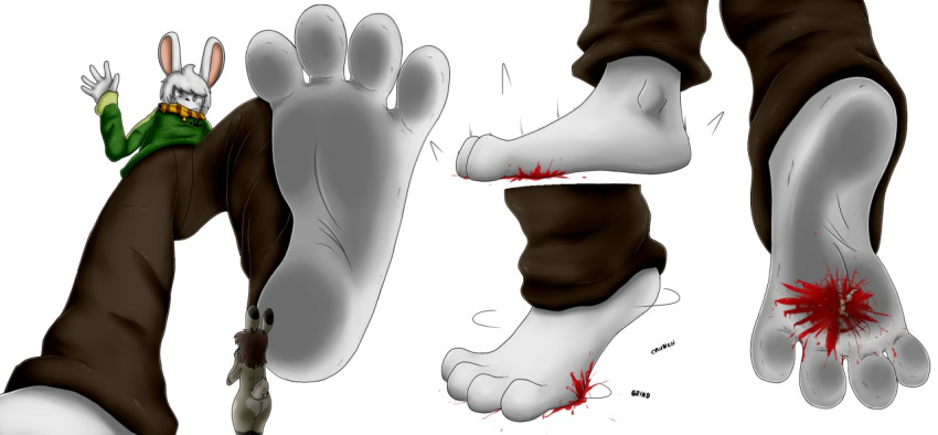 aeris_roivas anthro barefoot blood bodily_fluids crush crush_fetish death duo feet female foot_fetish goodbye gore grind grinding keromasou keromasou_(artist) lagomorph larger_male leporid male male/female mammal rabbit size_difference smaller_female soles spread_toes squish stomped stuck_to_foot toes