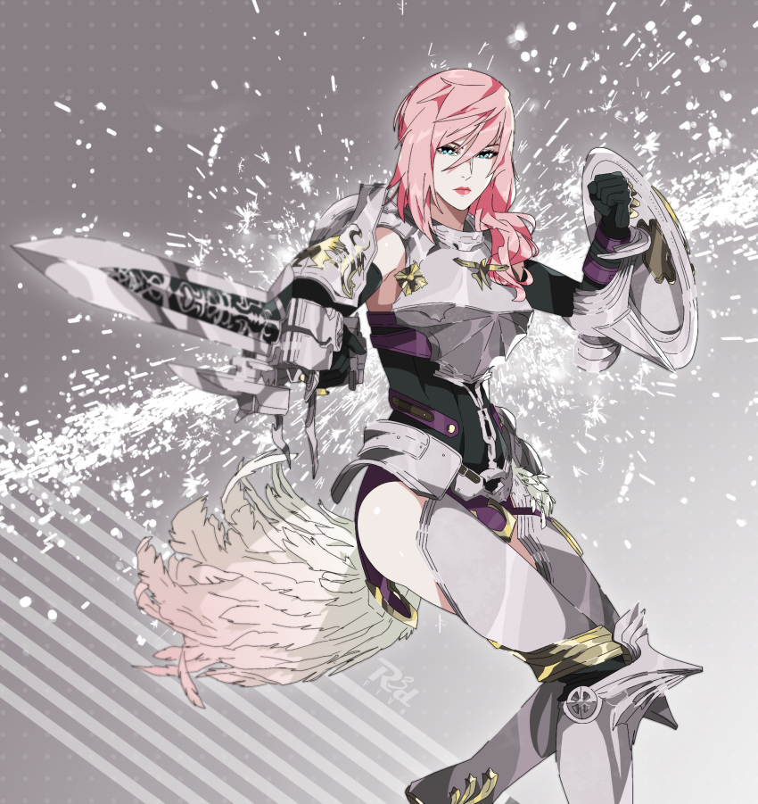 1girl aiming_at_viewer armor armored_leotard asymmetrical_hair belt feathers final_fantasy final_fantasy_xiii final_fantasy_xiii-2 greaves gunblade highres lightning_farron looking_at_viewer pink_hair pointing_weapon r3dfive serious shield solo weapon