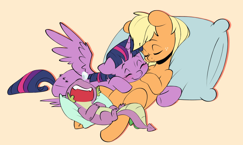 absurd_res applejack_(mlp) bodily_fluids bubble chub-wub cuddling dragon earth_pony equid equine eyes_closed fangs female freckles friendship_is_magic group hasbro hi_res horn horse male mammal my_little_pony onomatopoeia open_mouth orange_body pillow pony purple_body sleeping snot snot_bubble sound_effects spike_(mlp) text trio twilight_sparkle_(mlp) winged_unicorn wings zzz