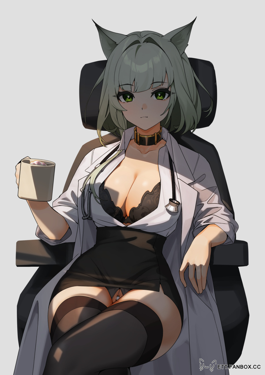 1girl animal_ears arknights bangs black_bra black_collar black_legwear black_skirt bra breasts cleavage collar collared_shirt commentary_request crossed_legs crotchless crotchless_panties doctor dress_shirt ett eyebrows_visible_through_hair fanbox_username green_eyes high-waist_skirt highres kal'tsit_(arknights) knees_up large_breasts lingerie looking_at_viewer medium_hair miniskirt open_clothes open_shirt panties pencil_skirt shirt shirt_tucked_in silver_hair simple_background sitting skirt solo stethoscope thighhighs unbuttoned unbuttoned_shirt underwear white_shirt wing_collar